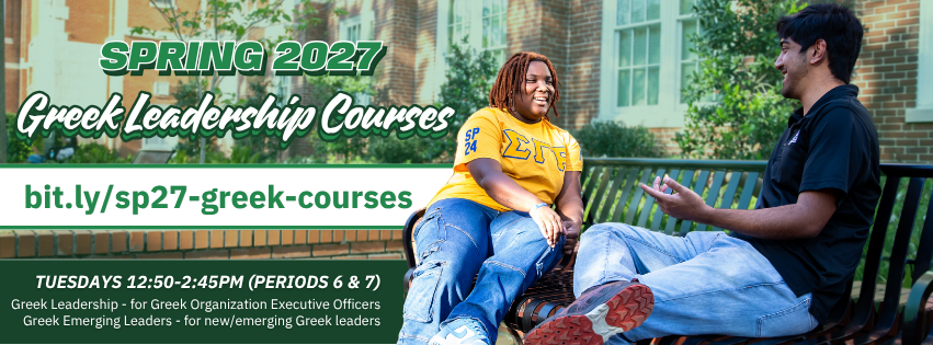 Image of a sorority woman and fraternity man talking on a bench. There's green and white text + text boxes describing the Greek leadership courses.